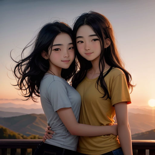 two young women hugging each other on a balcony at sunset with mountains in the background and a sunset behind them