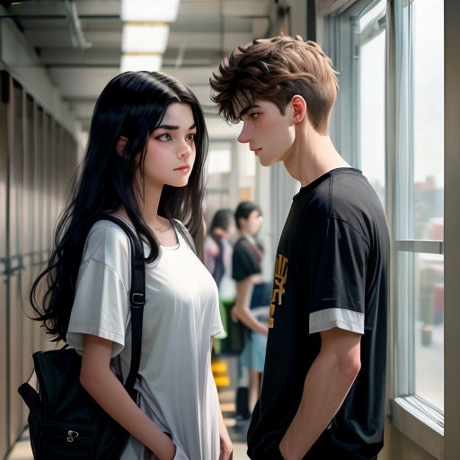 a young man and woman standing next to each other in a hallway next to a window with people looking out