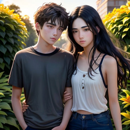 a couple of people standing next to each other near flowers and bushes in the sun light of the setting sun