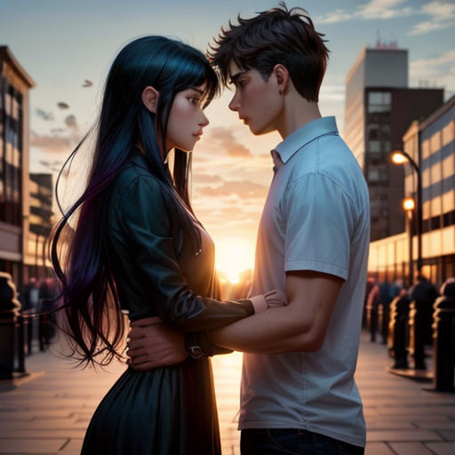 a couple standing next to each other on a sidewalk at sunset with the sun setting behind them and buildings