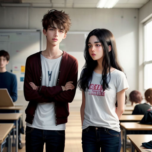 a couple of people standing in a room with desks and laptops in front of them and people sitting at desks behind them