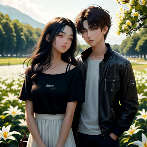 a couple standing next to each other in a field of flowers with a mountain in the background and a sky with clouds