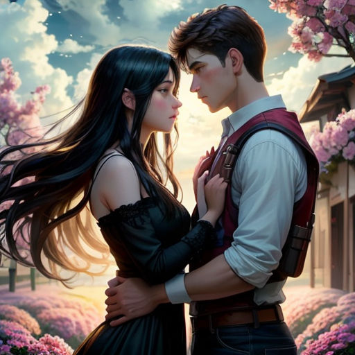 a couple is standing in front of a pink flower field with a sky background and clouds in the background