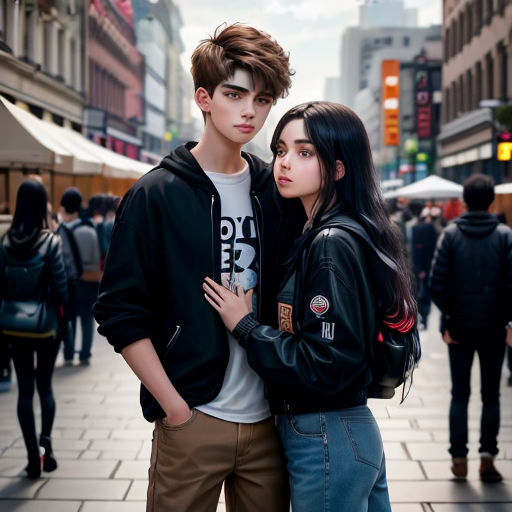 a couple of people standing next to each other on a street with buildings in the background and people walking around