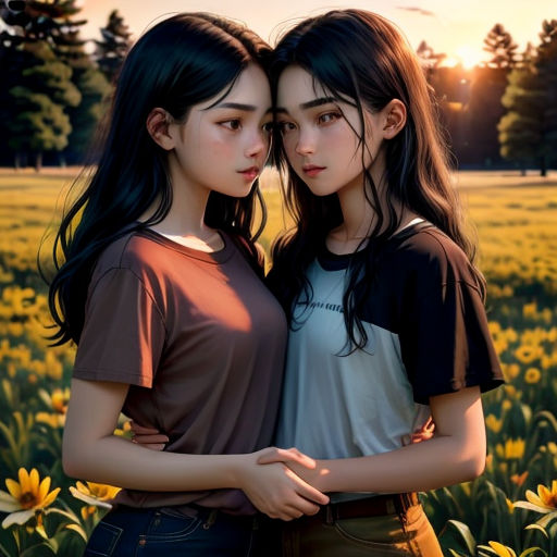 two young girls standing in a field of flowers with the sun setting behind them and the sun shining on the field behind them