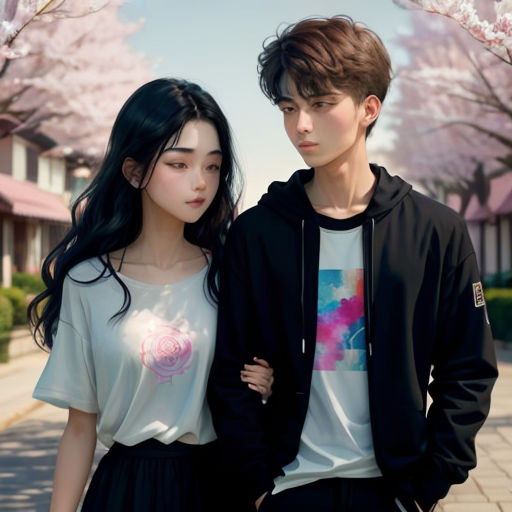 a couple of people standing next to each other on a sidewalk with cherry trees in the background and a blue sky