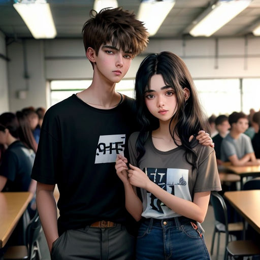 a boy and a girl standing in front of a classroom full of desks and chairs with their arms around each other