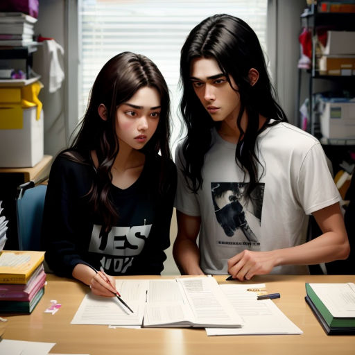 two young girls sitting at a desk with books and papers on it, one of them is writing a book