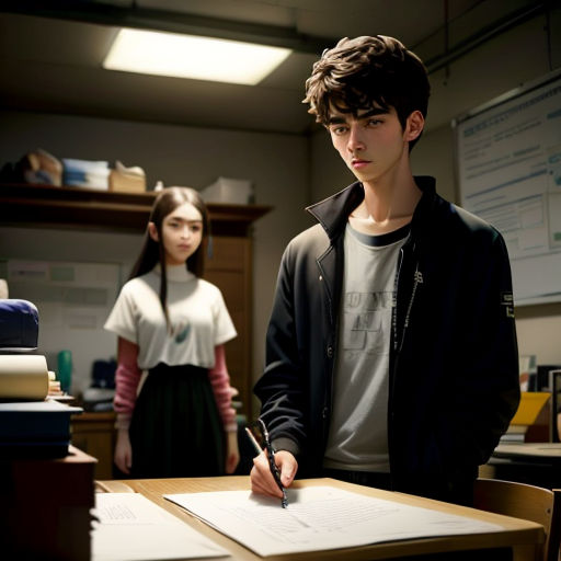 a boy and girl standing in a room with a desk and a book on it, writing on a piece of paper