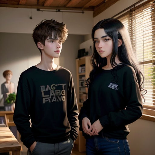 a couple of people standing next to each other in a room with a window and a table with a laptop