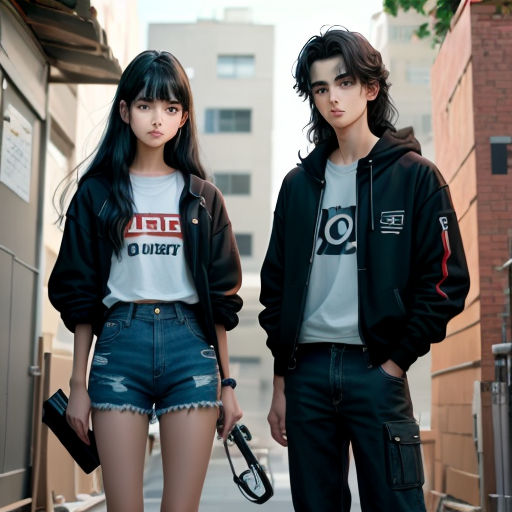 a couple of people standing next to each other on a street with buildings in the background and a person holding a camera