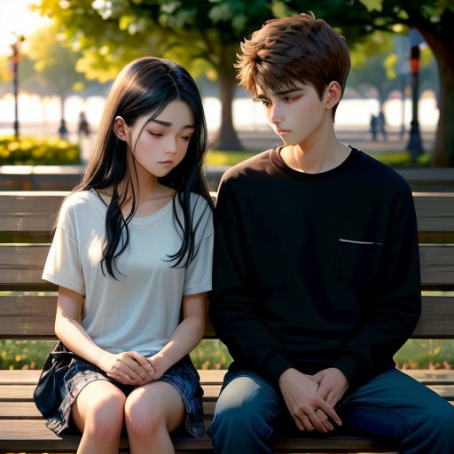 a boy and a girl sitting on a bench together looking at each other's eyes and looking at each other's eyes