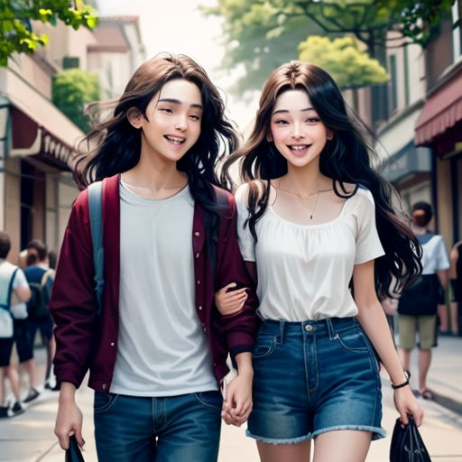 a couple of people walking down a street together holding hands and smiling at the camera with a backpack on