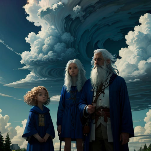 a painting of a wizard and a wizard with a child standing in front of a giant wave of clouds