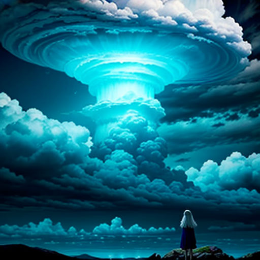 a woman standing on a hill looking at a large cloud in the sky with a light shining on it