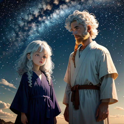a man and a woman standing next to each other under a sky filled with stars and a bright star
