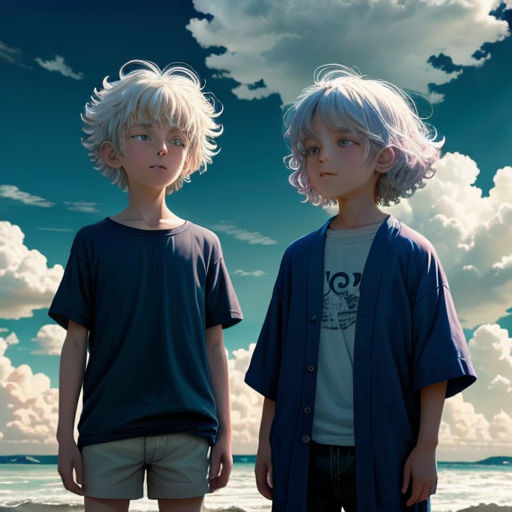 two young boys standing on a beach next to the ocean under a cloudy sky with clouds in the background