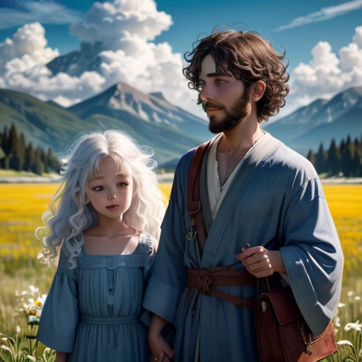 a man and a little girl standing in a field of flowers with mountains in the background and clouds in the sky