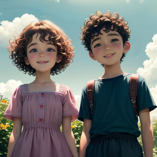 two children standing next to each other in a field of flowers and grass with clouds in the background and a blue sky with white clouds