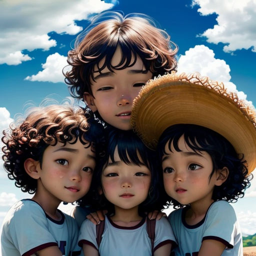 a group of children standing next to each other on a field with a sky background and clouds in the background