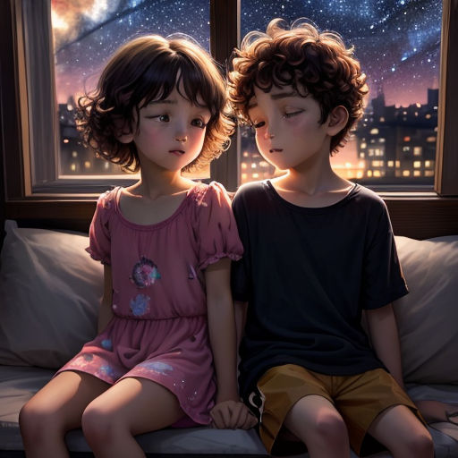 two children sitting on a couch looking out a window at the stars in the sky above them, with a cityscape in the background