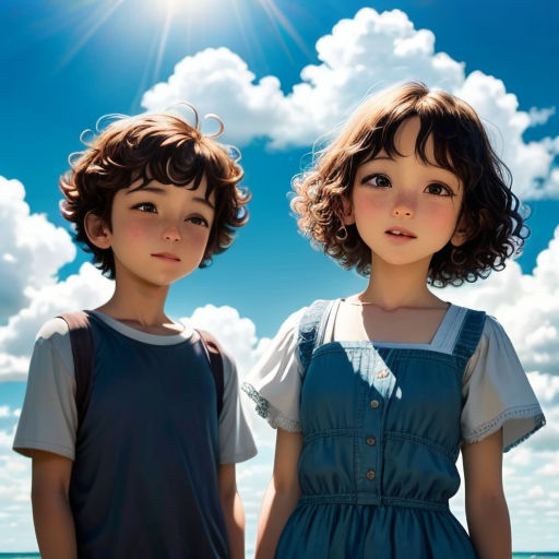 two children standing next to each other on a beach under a blue sky with clouds and sun shining down
