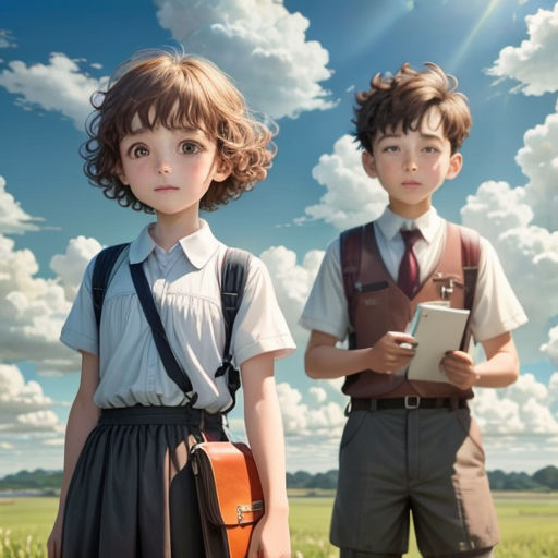 two children standing in a field with a sky background and clouds in the background, one holding a book