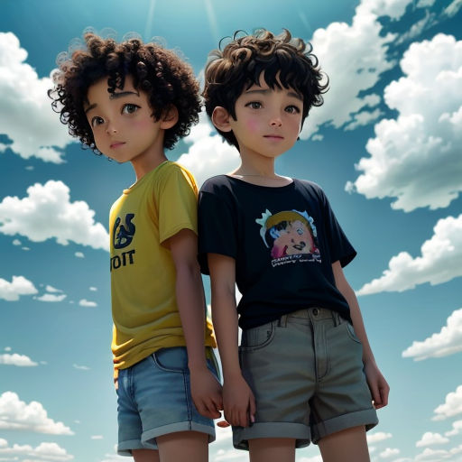 two children standing next to each other in front of a blue sky with clouds and sun shining down on them