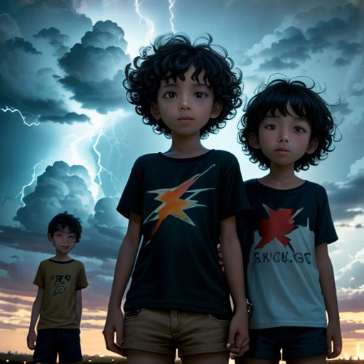 two children standing in front of a lightning storm with a sky background and clouds in the background, with a lightning bolt in the sky