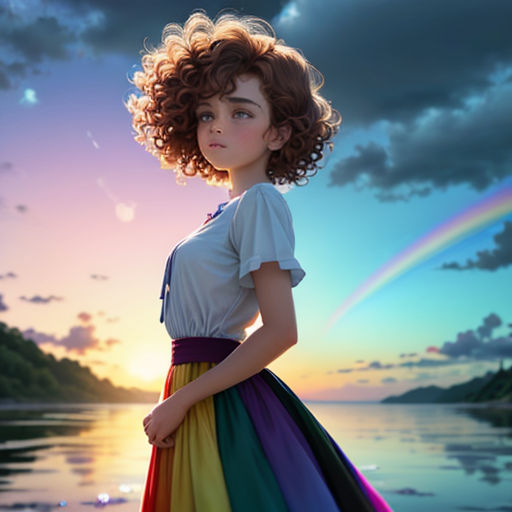 a woman standing on a beach next to a rainbow colored dress and a rainbow colored rainbow colored sky with a rainbow colored rainbow