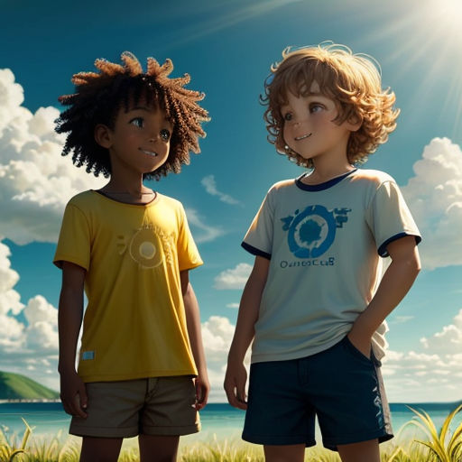 two children standing in front of a blue sky and water with clouds in the background and grass in the foreground