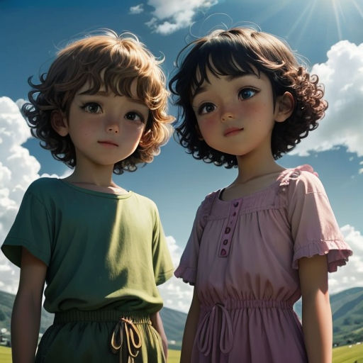 two children standing next to each other in a field of grass and flowers, with the sun shining behind them