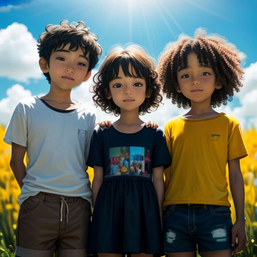 three children standing in a field of flowers with the sun shining behind them and the sun shining down on them