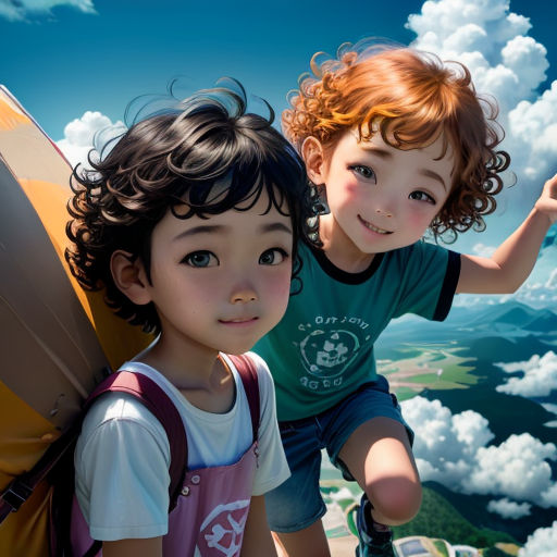 two children are standing on a mountain with a surfboard on their back and one is holding a surfboard