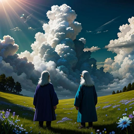 two people standing in a field with clouds in the background and a sun shining down on them, with a blue sky and white clouds