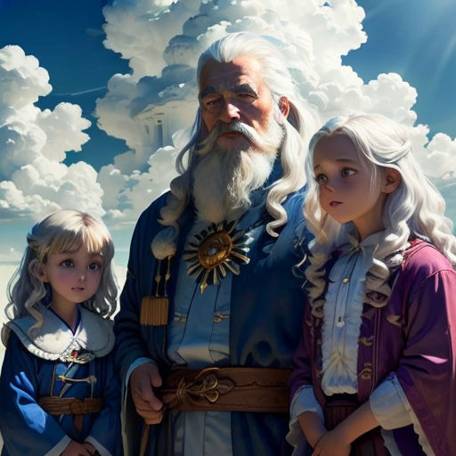 a painting of a man and two children standing next to each other in front of a sky with clouds