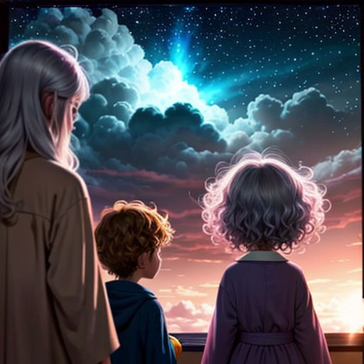 a group of children looking out a window at the sky with a star in the sky above them and a person standing on the other side of the window