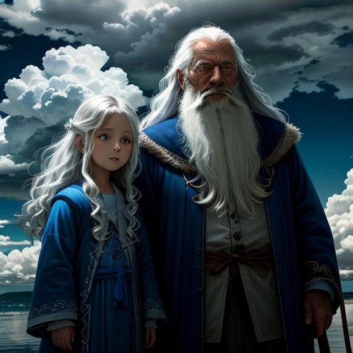 a painting of a man and a girl standing next to each other in front of a cloudy sky with clouds