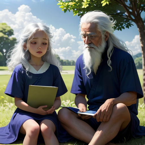 a man and a little girl sitting on the grass reading a book together, with a tree in the background