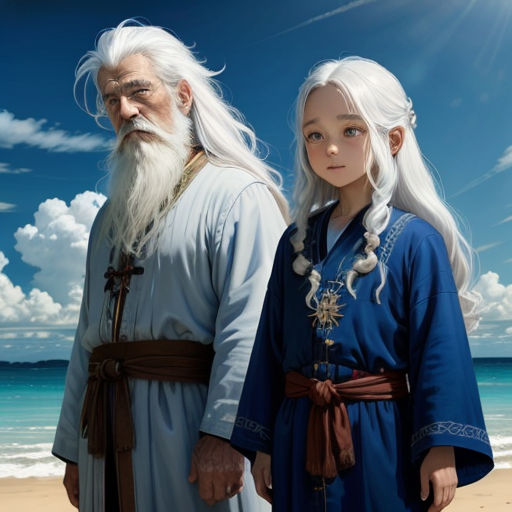 a man and a woman standing on a beach next to the ocean with a sky background and clouds in the background