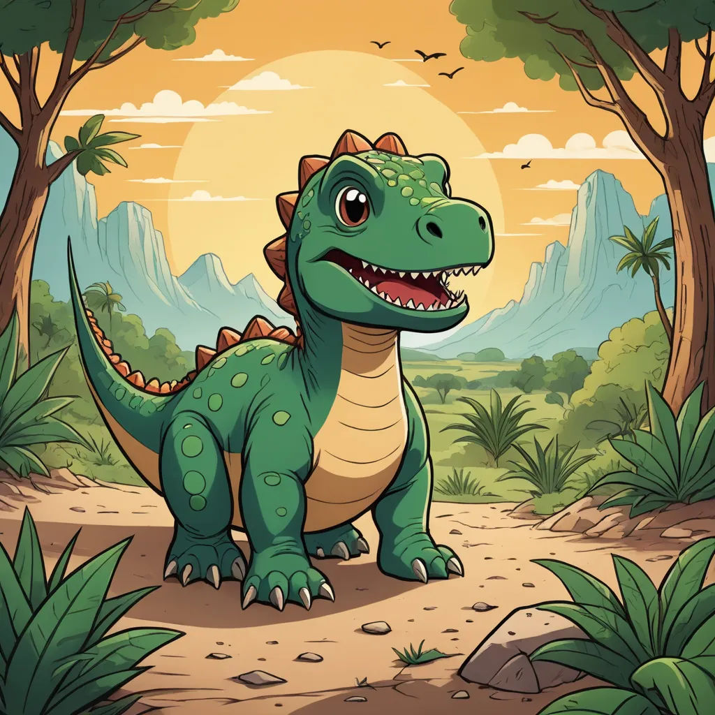 a cartoon dinosaur in the jungle with a sunset in the background illustration by alex krautman for the children's book, the land of dinosaurs, sots art, a storybook illustration, Adam Rex, rossdraws global illumination