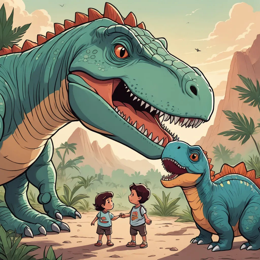 a boy and a girl are standing in front of a dinosaur with a large mouth and teeth, and another dinosaur is standing next to him, process art, a storybook illustration, Adam Rex, rossdraws global illumination