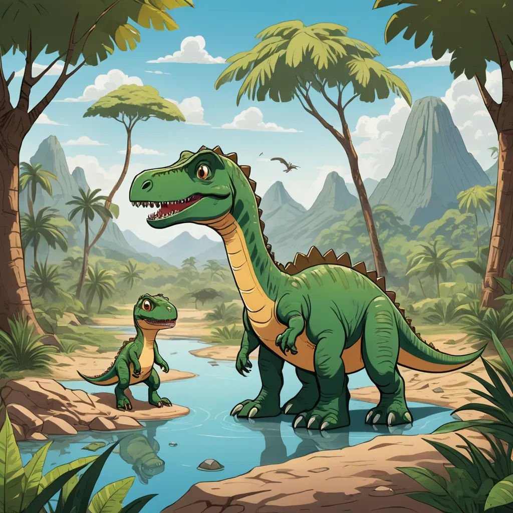 a dinosaur and a baby dinosaur in a jungle setting with a mountain background and a river running through it, lyco art, a storybook illustration, Adam Rex, storybook illustration