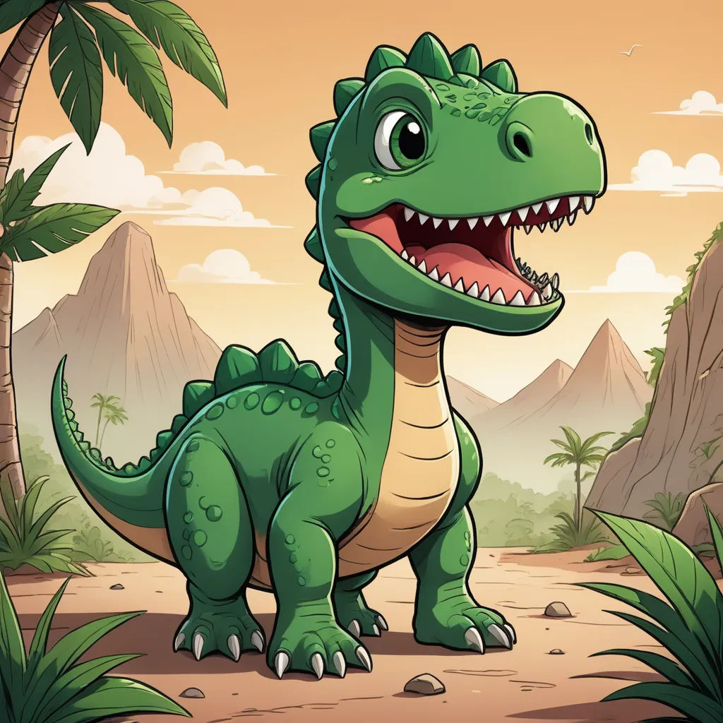 a cartoon dinosaur with a large mouth and sharp teeth standing in a desert landscape with palm trees and mountains, sots art, a character portrait, Adam Rex, 2 d game art