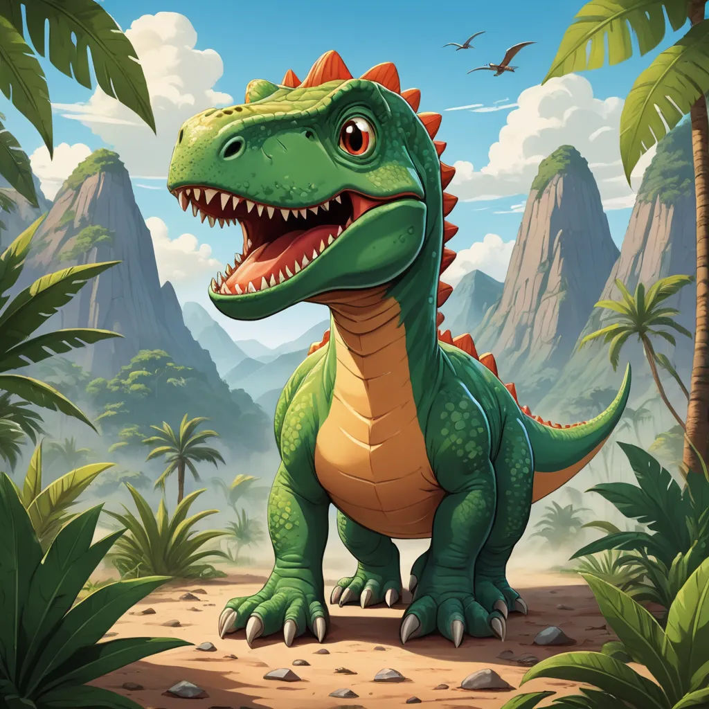 a dinosaur in the jungle with a mountain background illustration for children and children's books illustration for children, sots art, concept art, Adam Rex, magic the gathering artwork
