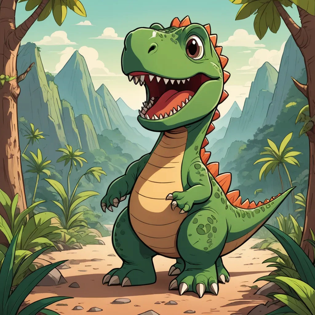 a cartoon dinosaur in a jungle setting with mountains and trees in the background illustration by alex krapf, sots art, a character portrait, Adam Rex, game art