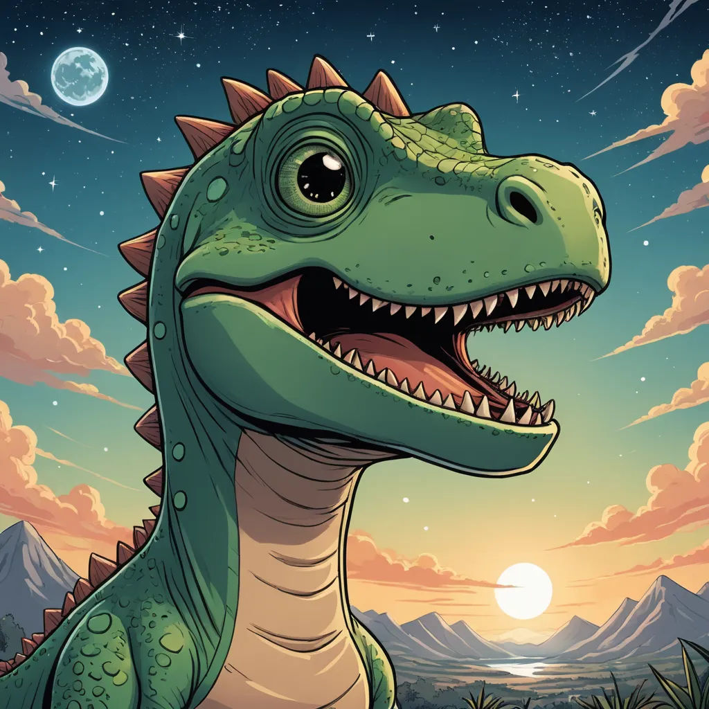 a cartoon dinosaur with a full moon in the background and mountains in the foreground, with a full moon in the background, space art, a character portrait, Adam Rex, josan gonzales and dan mumford