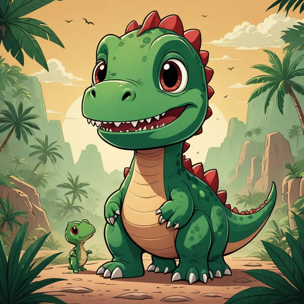 a cartoon dinosaur with a baby dinosaur in a jungle setting with palm trees and a bird on a rock, lyco art, a storybook illustration, Adam Rex, 2 d game art