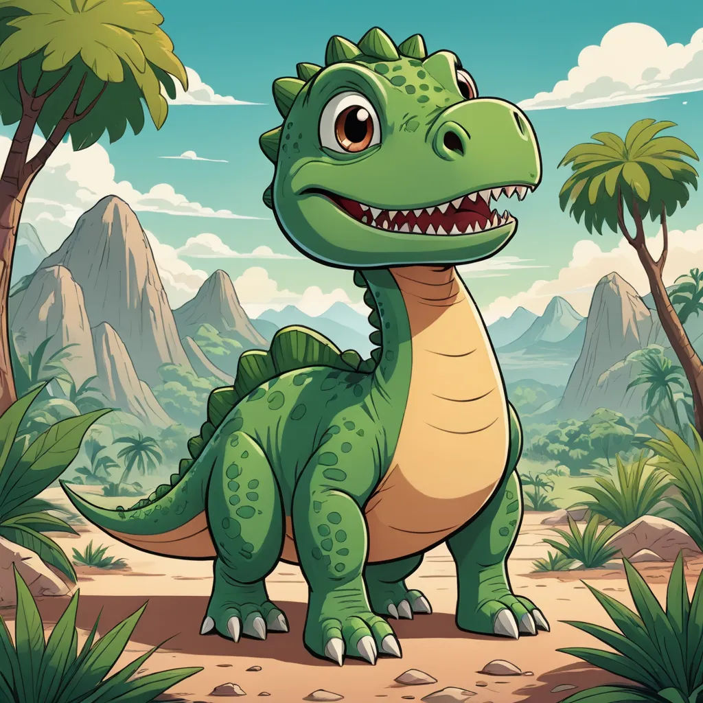a cartoon dinosaur with a big smile on his face and mouth standing in the desert with palm trees and mountains in the background, sots art, a character portrait, Adam Rex, 2 d game art