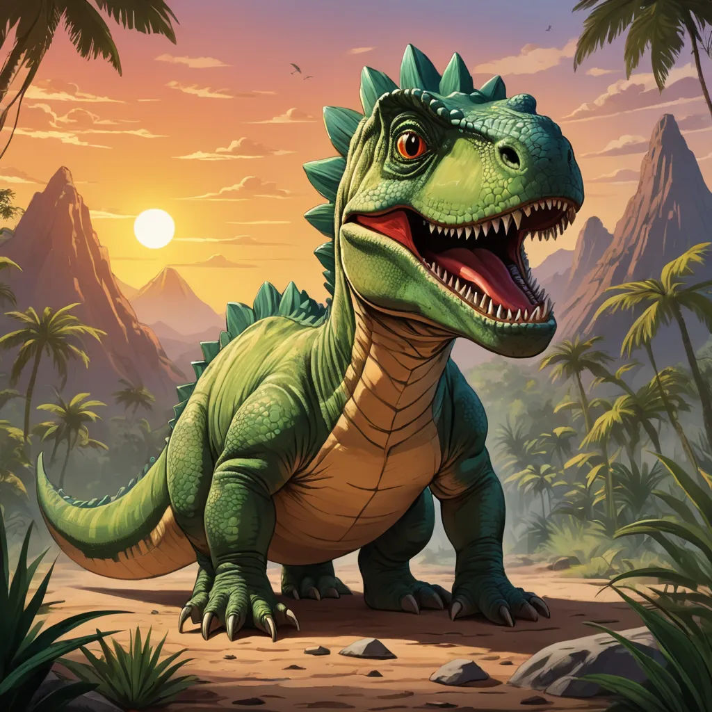 a dinosaur in the jungle with a sunset in the background and mountains in the background with palm trees and rocks, sots art, concept art, Adam Rex, magic the gathering artwork